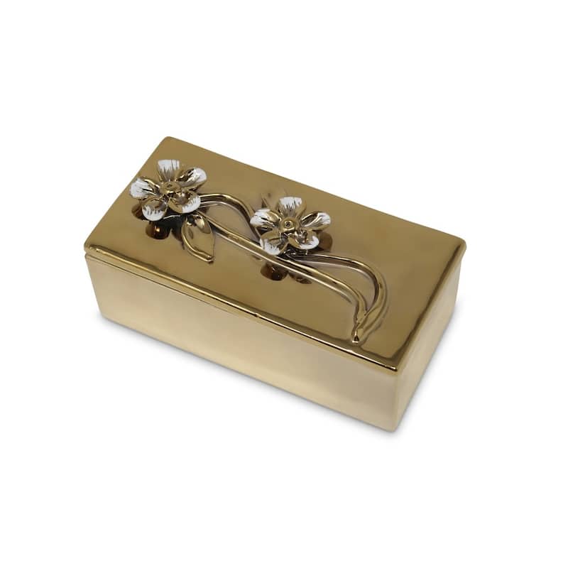 Oblong Gold Decorative Box With Flower Design Lid