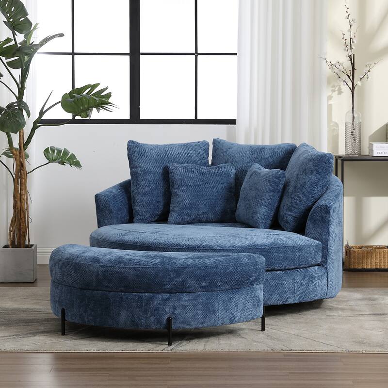 Modern Sofa Chair Round Accent Barrel Chair With 5 Pillows and Storage Ottoman