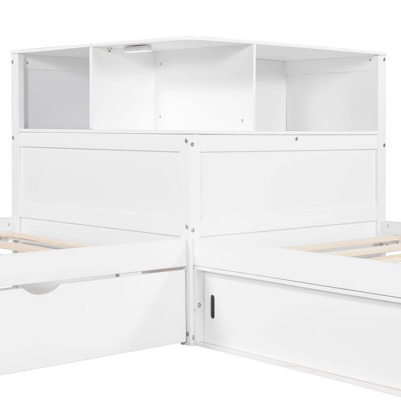 Twin Size L-shaped Bed Frame with Trundle Bed and Storage Cabinets, Desk, Lighting, Corner Platform Storage Bed Frame