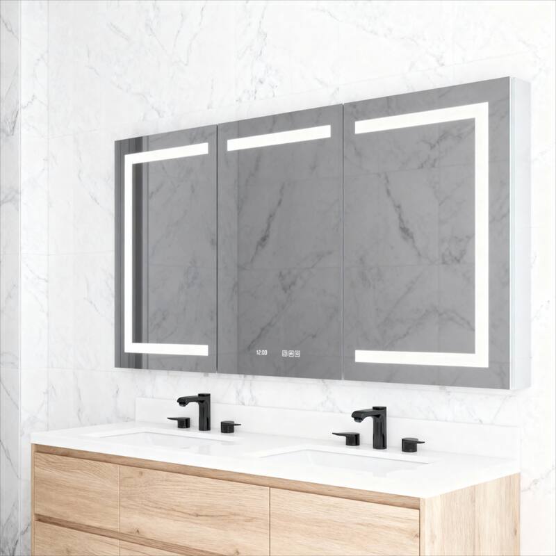 GDFStudio - Delmar Modern Aluminum LED Lighted Medicine Cabinet with Mirror Anti Fog and Digital Clock