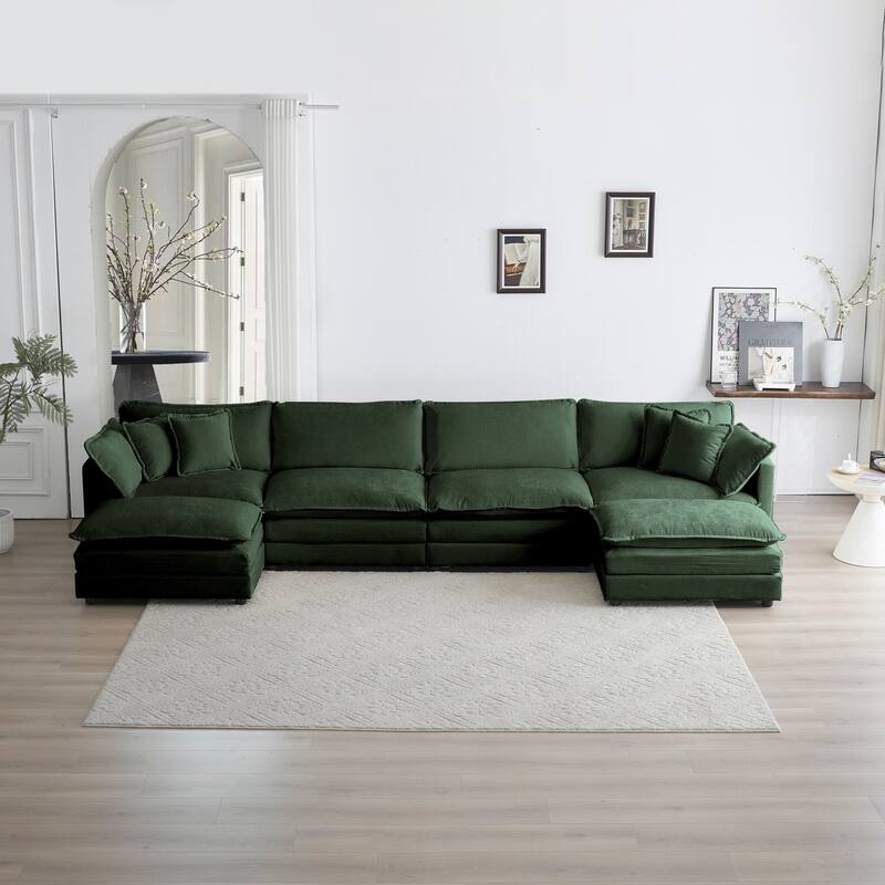 Green Chenille Modular U-Shape Sectional Sofa with Reversible Ottomans - Green
