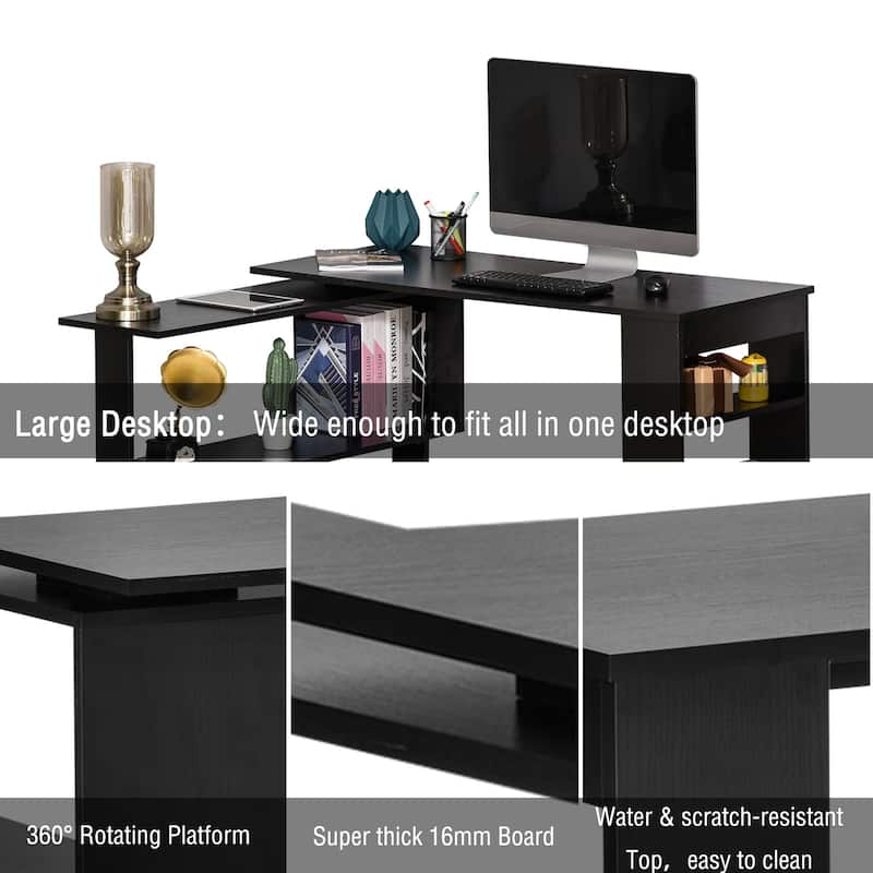 HomCom Modern L Shaped Rotating Computer Desk with Bookshelves