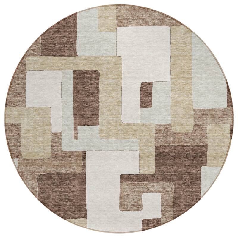 HomeRoots Geometric Transitional Rectangle Outdoor Rug - Taupe/Brown/Ivory - 8' Round