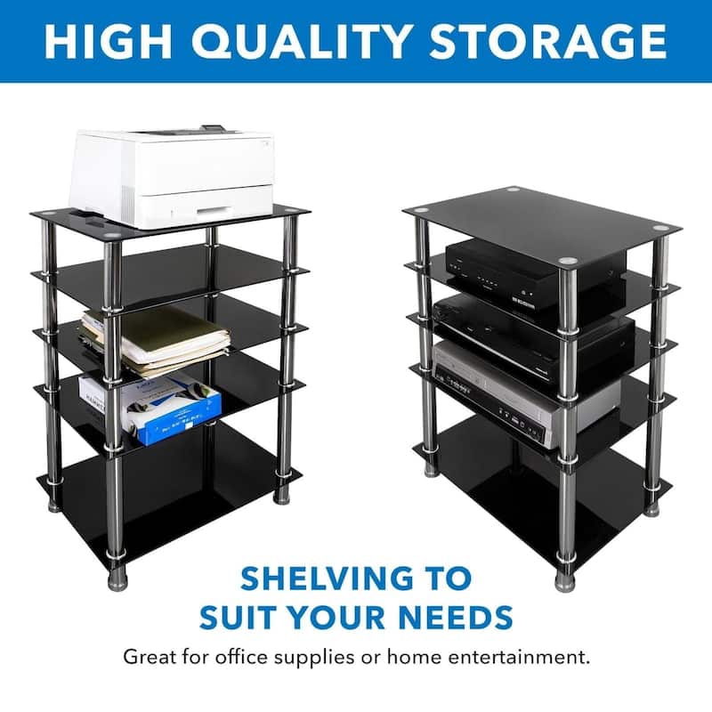 Mount-It! Tempered Glass AV Component Media Stand, Audio Tower and Media Center with 5 Shelves - Black