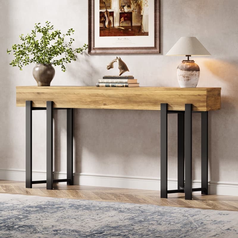 Farmhouse Wooden/ Metal Console Table for Living Room Entryway - Brown and Black