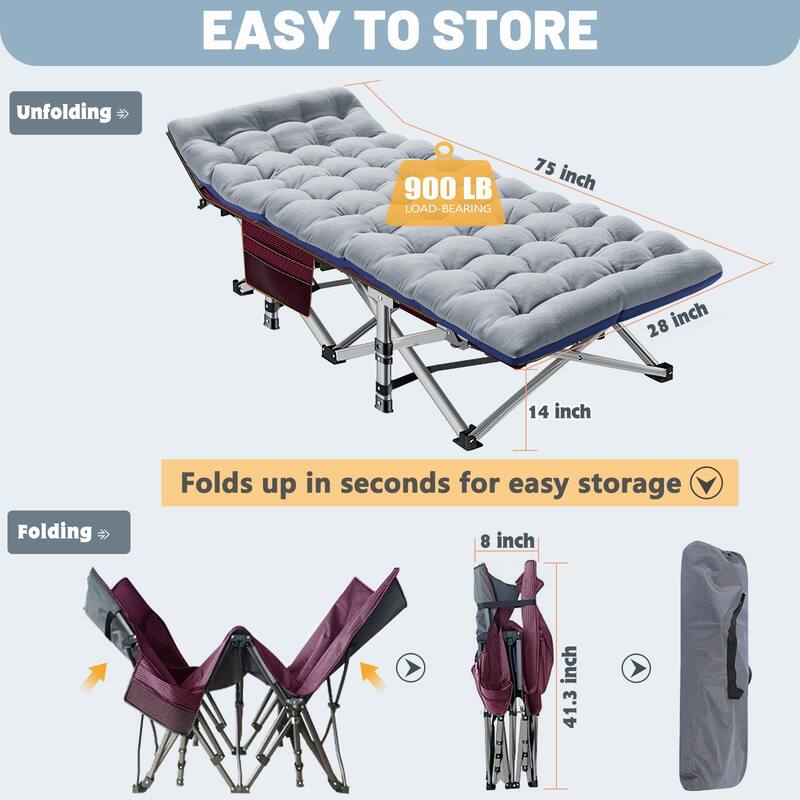 75" Folding Camping Bed with 3.3 Inch Mattress, Portable Sleeping Cot