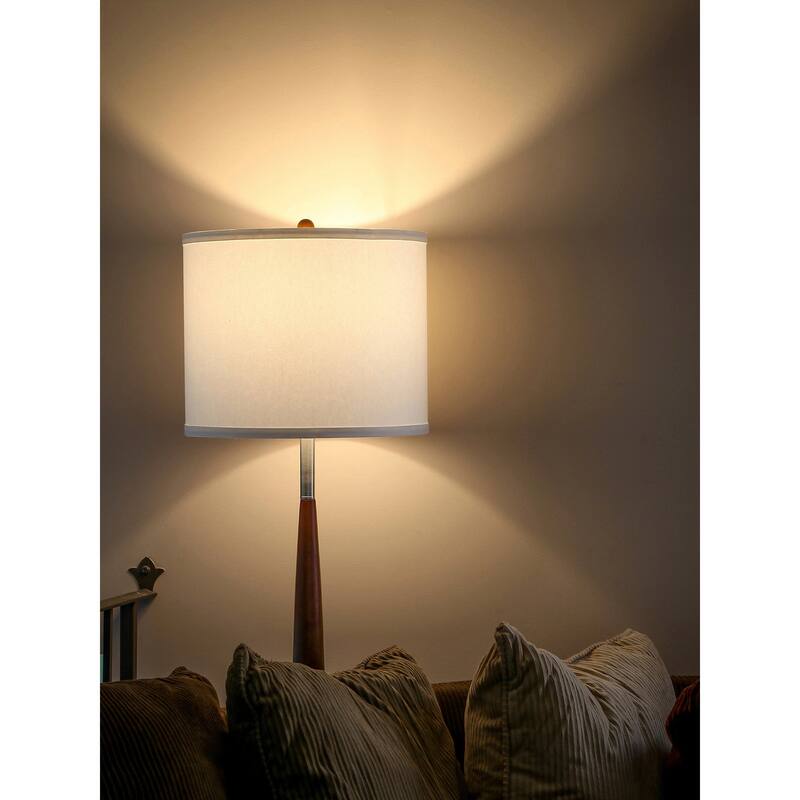 Brightech Lucas 61 in. Walnut Brown Mid-Century Modern LED Super Bright Floor Lamp with White Fabric Drum Shade
