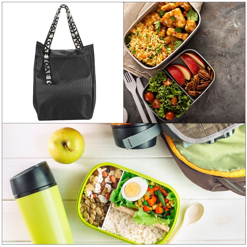 Lunch Bag Tote Bag with Pocket for Work Picnic 7.5"x7.5"x9.8", Black