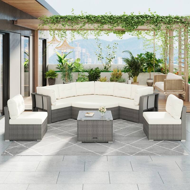 Patio Furniture Daybed Rattan Sectional Sofa Set with Cushions and Center Table - Beige