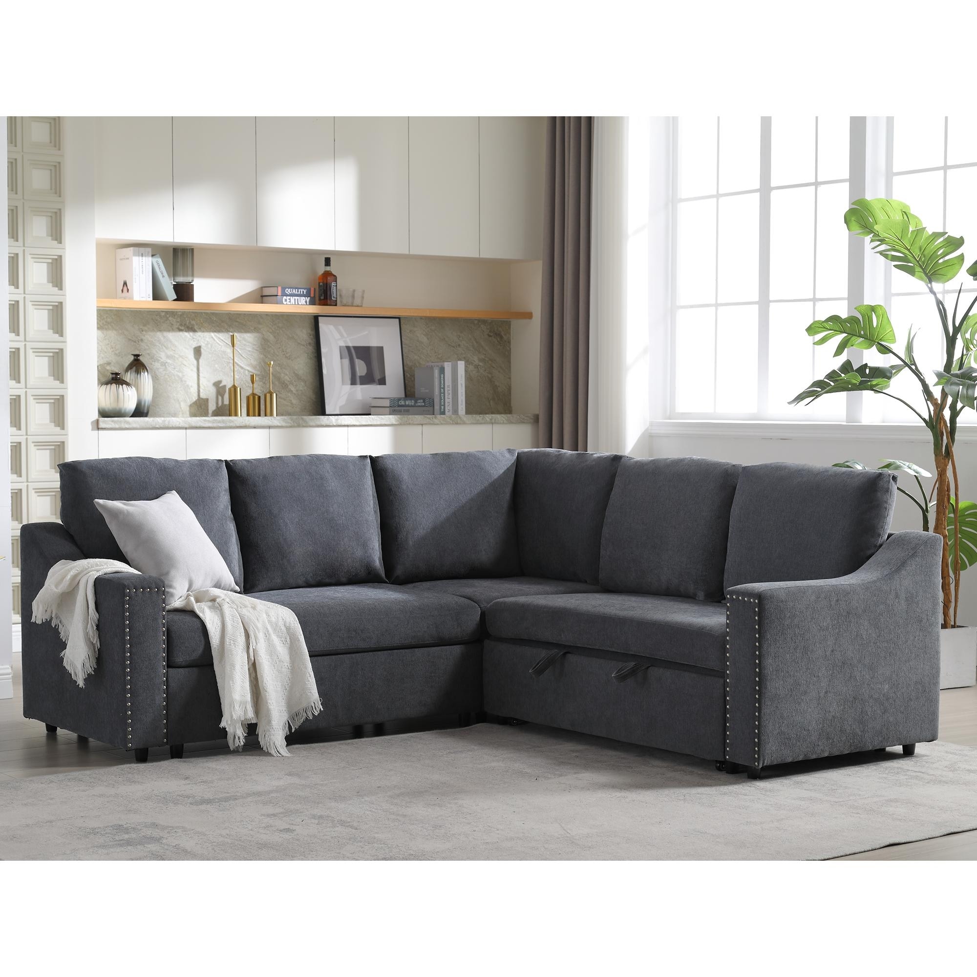 Gray Chenille Sectional Sofa Bed with Pull-out Sleeper L-shape