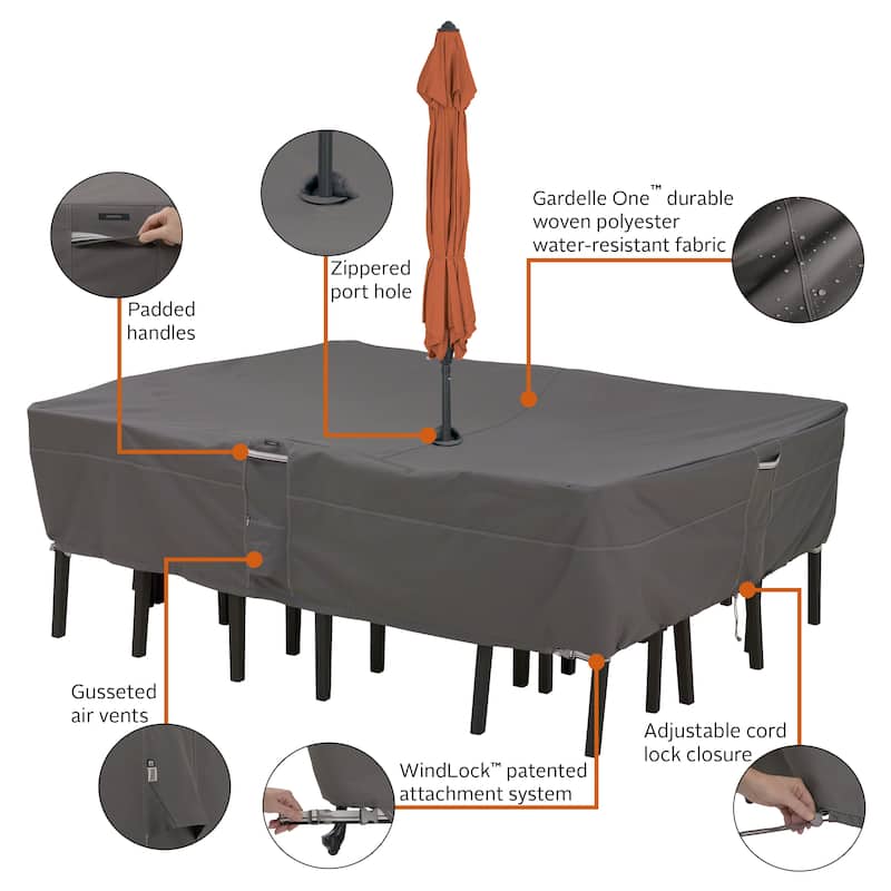 Classic Accessories Ravenna Water-Resistant 108 Inch Rectangular/Oval Patio Table & Chair Set Cover with Umbrella Hole