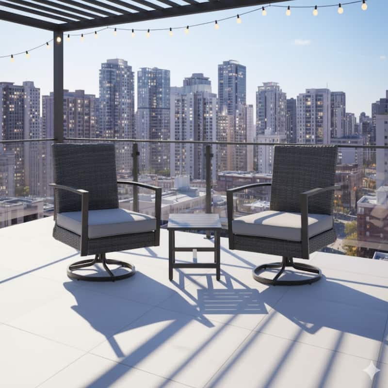 3-Piece Gray Swivel Rocker Patio Bistro Set with Side Table Cushions