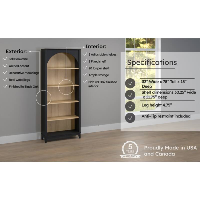 Prepac Ark 78" H 5-Tier Arched Bookcase, Modern Storage Accent Bookshelf with 3 Adjustable Shelves for Home Office, Living Room