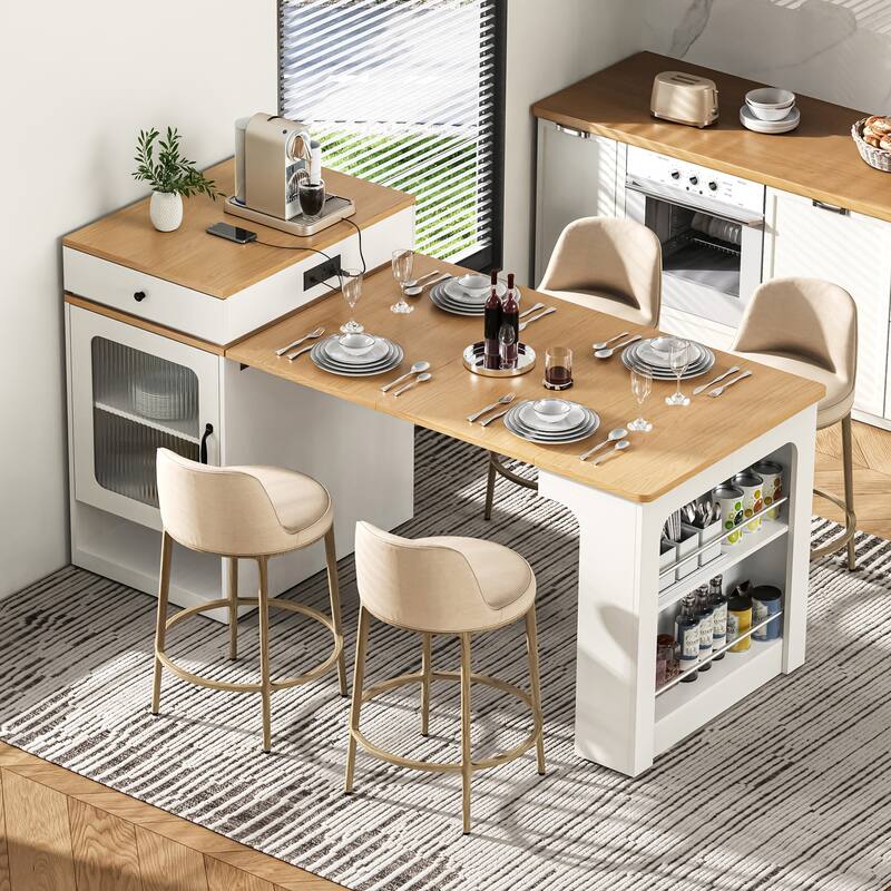 Kitchen Island with Extendable Dining Table, Kitchen Storage Table with 2 Drawers, Power Outlet, Open Shelves, for Diningroom