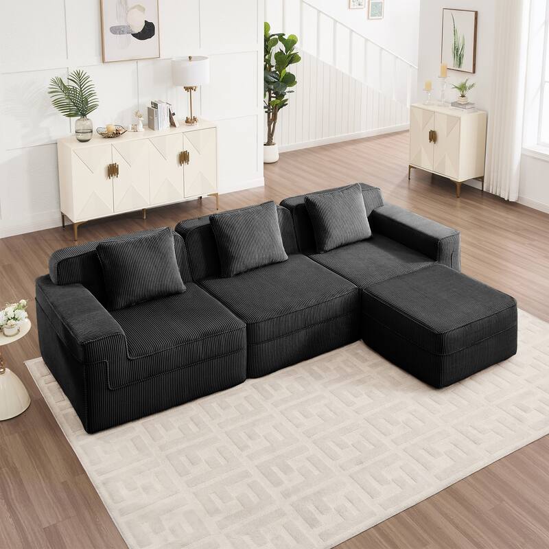 GDFStudio - Corduroy Modular 3-Seater 117.3" L-Shaped Boneless Cloud Sofa - Black
