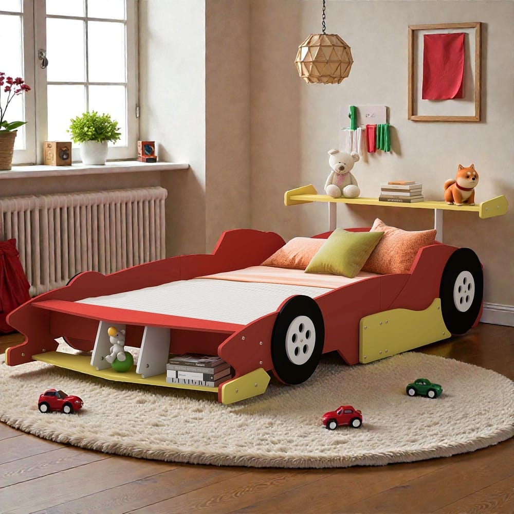 Race Car Platform Bed with Wheels, Kids Car-Shaped Bed Frame with Safety Rails