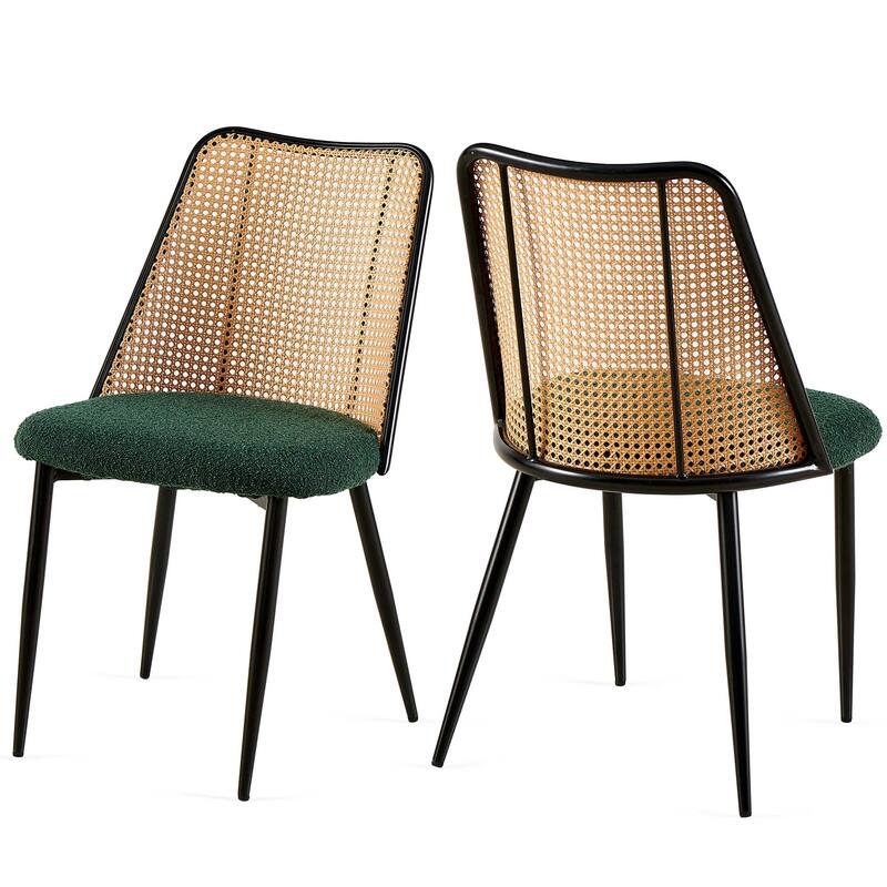 Rattan Dining Chairs Set of 2,Boucle Chairs with Natural Cane Back, Upholstered Dining Room Kitchen Chair