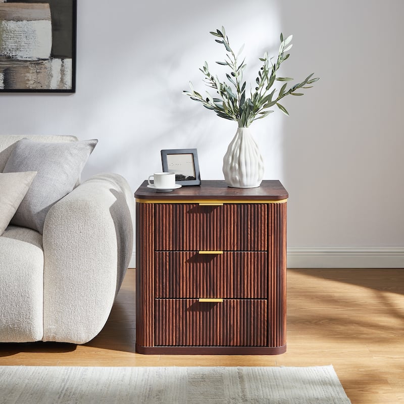 24" Mid Century Modern Fluted 3 Drawers Nightstand, Large End Table