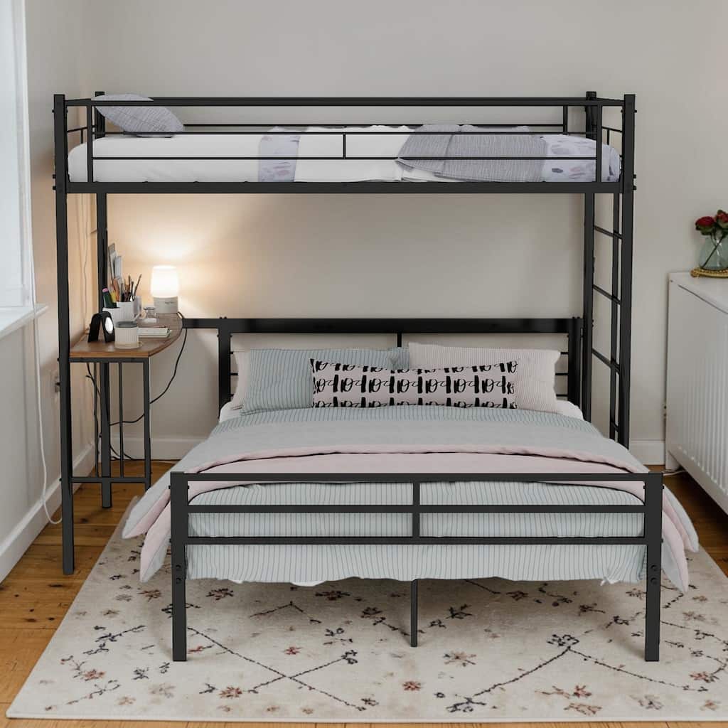 Twin Over Full Metal Loft Bed with Desk, L-Shaped Bunk Bed Frame with Ladder and Guardrails