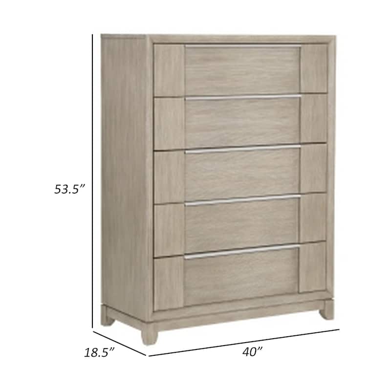 Owen 54 Inch Tall Dresser Chest, 5 Drawers Pewter Handles, Light Beige Wood