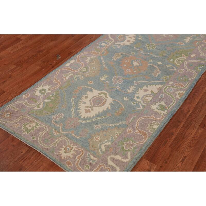 Hand Knotted Oriental 100% Wool Carpet Transitional All-Over Navy Blue & Blues Oushak Runner Rug - 9' 9'' X 3' 3''