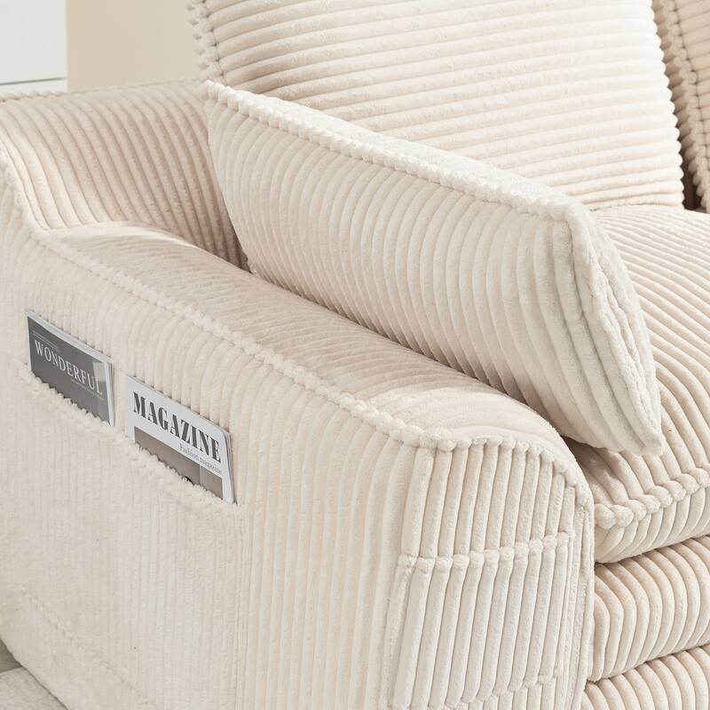 L Shaped Sectional Sofa Corduroy Upholstered Boneless Couches with Movable Footstool, With Three Pillows and Two Lumbar Pillows