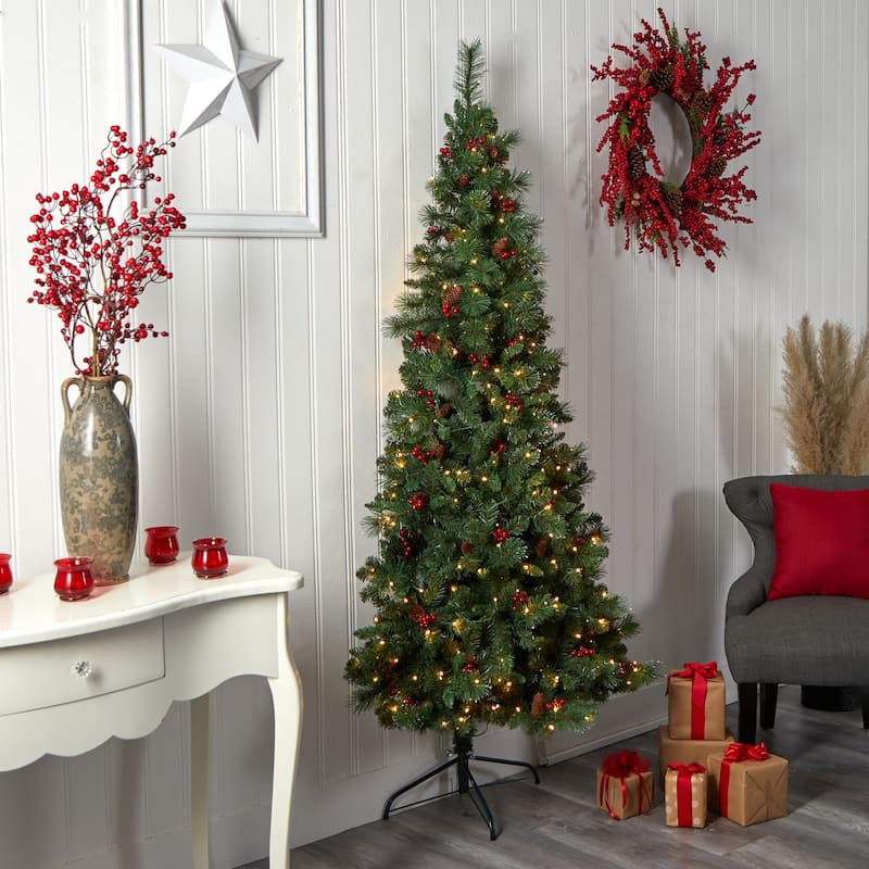 7Ft Artificial Christmas Tree with Warm White Lights & Pinecone Accents - Green - 84