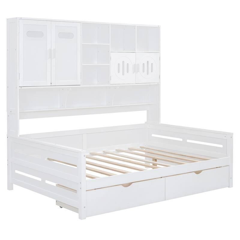 White Full Size Wooden Daybed with Storage Drawers and Built-in Cabinet & Shelf