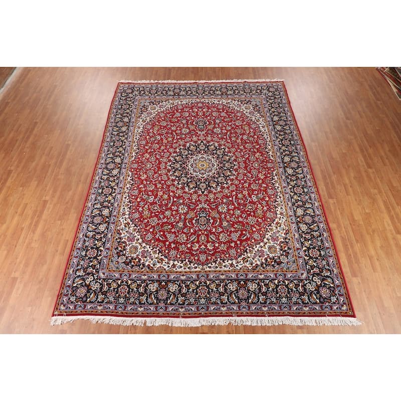 Traditional Red Kashan Turkish Area Rug Floral Machine-Made Carpet - 9'8" x 12'9"