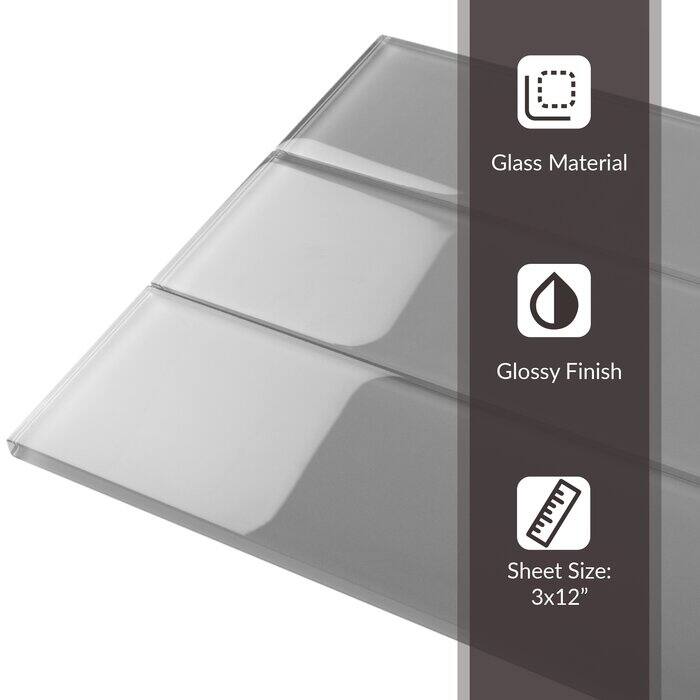Apollo tile 3" x 12" Colorway Glossy Gray Glass Tile (5 sq ft/case) - 20 Pack