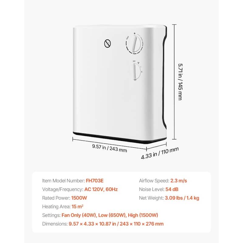 White 1500W Electric Wall Heater with Fan, Tabletop and Safety Features - 9.57 x 4.33 x 5.7 in