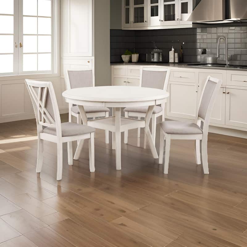 Aine 5 Piece Round Dining Table and Chair Set, White Wood, Fabric Seat