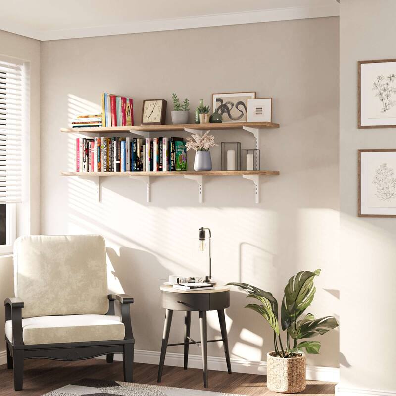 Wallniture Turin 60" Floating Wall Shelf with Adjustable Brackets, Hanging Shelves, Wall Mounted, Boho Decor, Wood, Tier Options - 2 Boards - 2 Tier