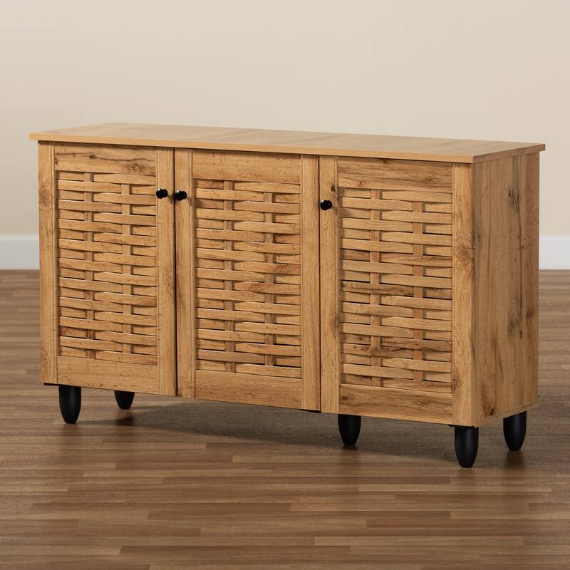 Winda Modern Oak Brown Finished Wood 3-Door Shoe Cabinet