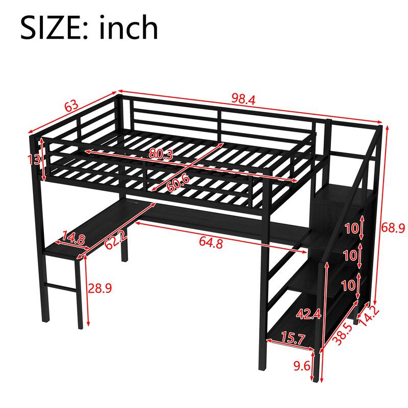 Queen Size Metal Loft Bed with L-Shaped Desk, Wardrobe, USB Charging Station, LED Lights, Storage Stairs, Adjustable Shelf