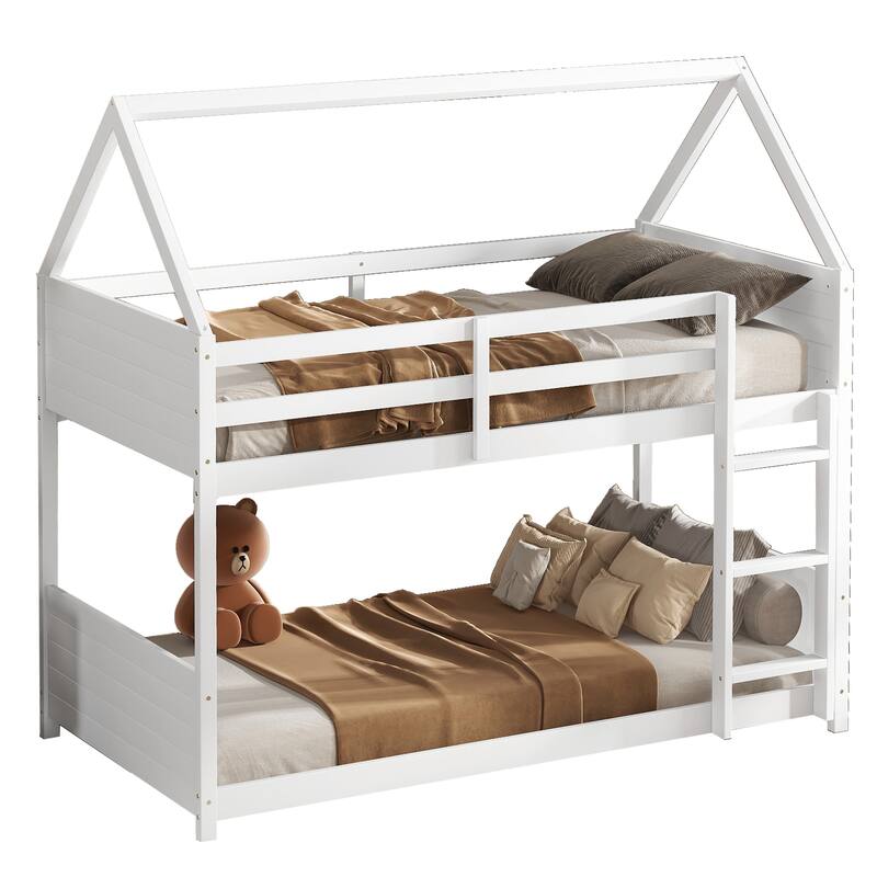 Twin Over Twin House Bunk Bed with Playful Roof Design Safety Guardrails & Ladder (250lb Capacity)