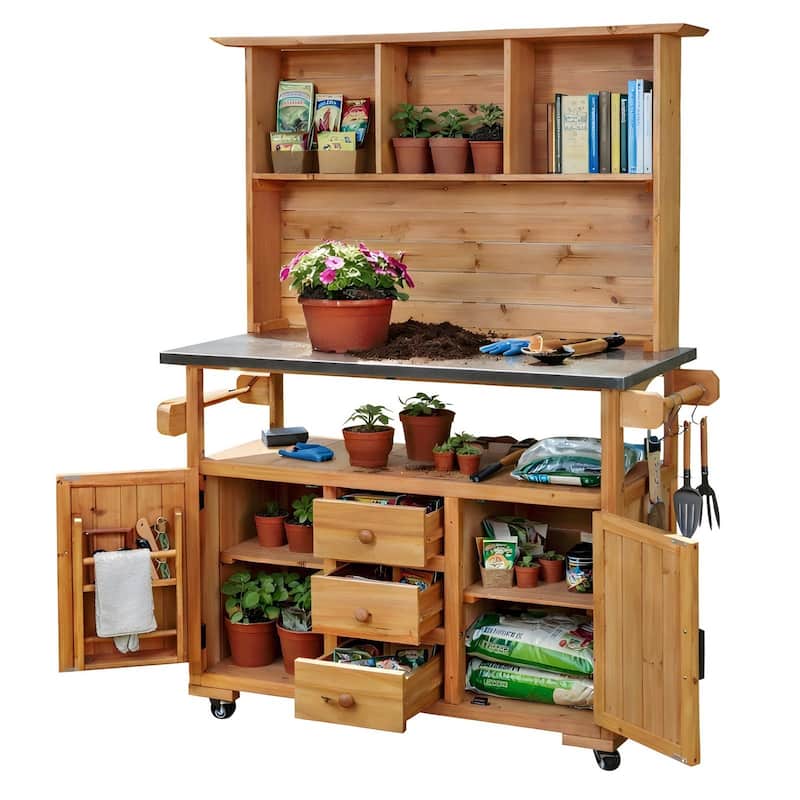 65''H Outdoor Potting Bench Garden Storage Table w/Lockable Wheels, Drawers, Cabinets & Side Hooks - N/A