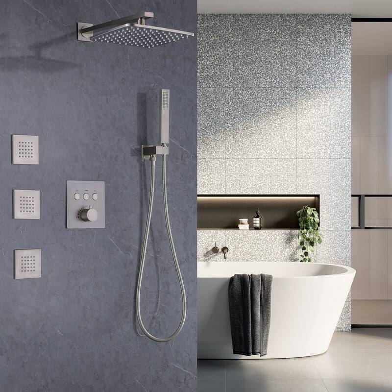 Thermostatic Shower System With Rough-in Valve Bathroom Shower Faucet With Hand Shower And Body Jet Rain 10 Inch Shower Head Set