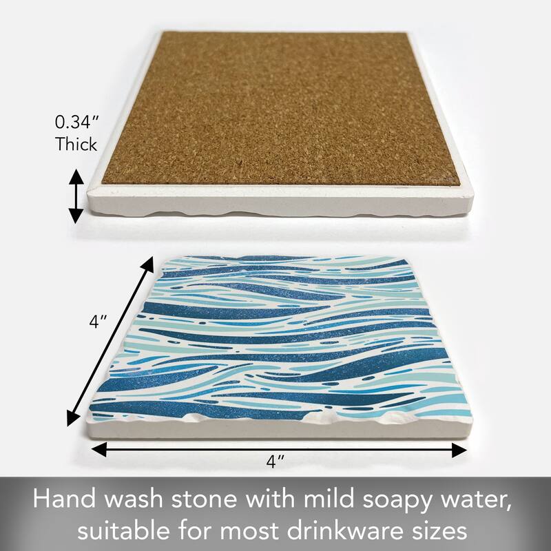 Sparkling Waves 4 Pack Absorbent Stone Coasters with Cork Backing 4" Square Made in The USA Absorbent Wipes Clean