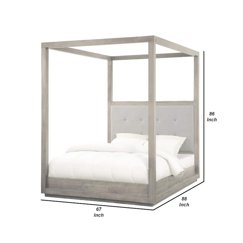 Kim Upholstered Solid Acacia Wood Platform Canopy Queen Bed, Heather Gray