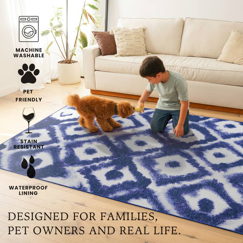 My Magic Carpet Shibori Geometric Diamond Blue Machine Washable Rug