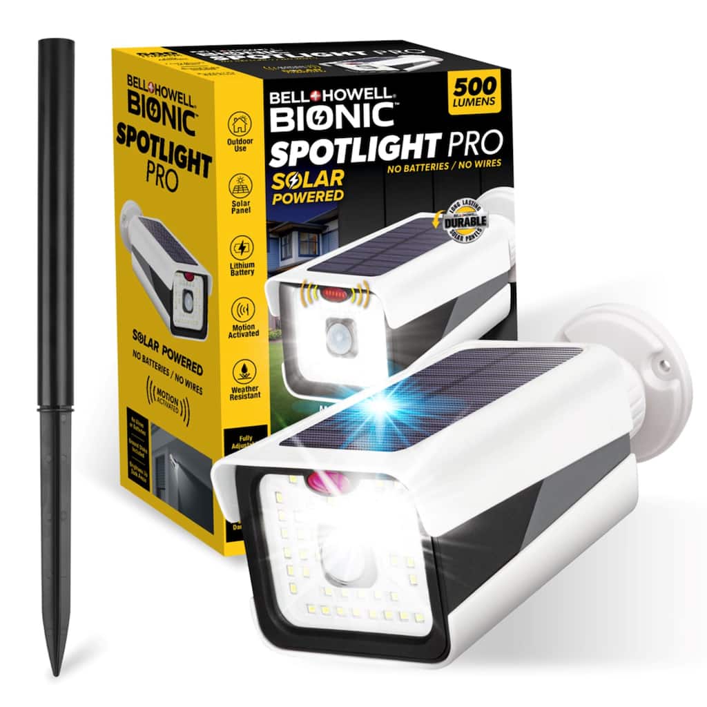 Bell + Howell Bionic Spotlight Pro 500 Lumens Solar Powered Motion Sensor Outdoor Security Light - 8"D x 3"H x 3"W