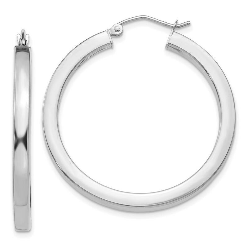 Curata 10k White Gold Solid 3mm Polished Squared Tube Hoop Earrings - 30mm 35mm 45mm