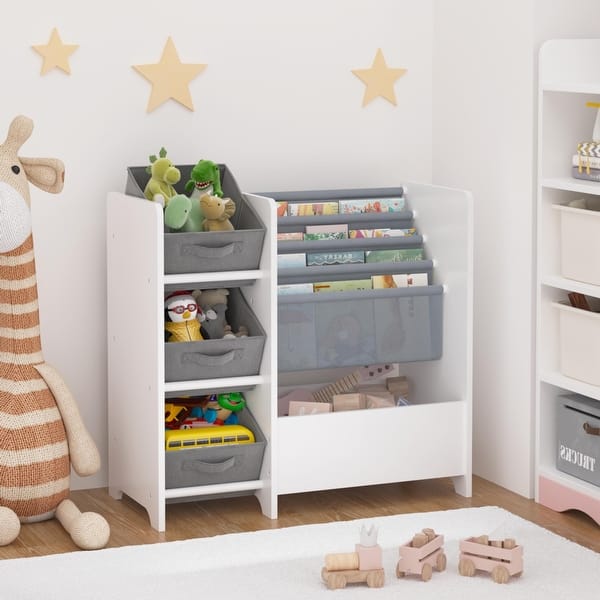 slide 2 of 17, Kids Bookshelf and Toy Storage Organizer,Multifunctional 4 Tier Kids Book Shelf with 3 Collapsible Fabric Drawers White