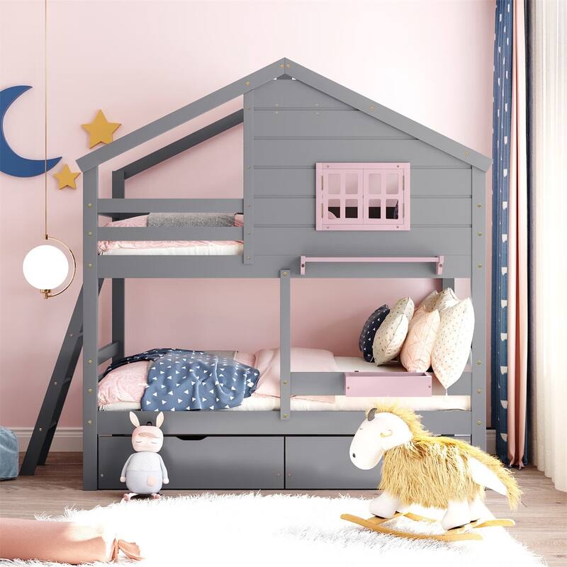 Merax Twin over Twin House Bunk Bed with 2 Drawers, 1 Storage Box, 1 Shelf - Grey