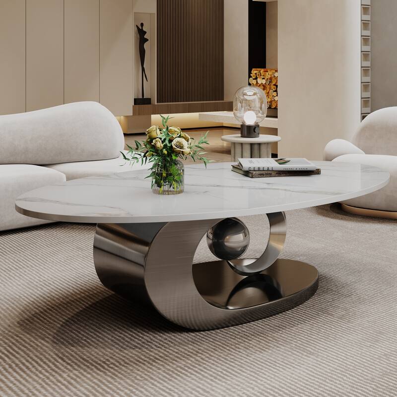 Modern Coffee Table Fish Belly White Marble Coffee Table Stainless Steel Base and Adjustable Feet, for Living Room - White