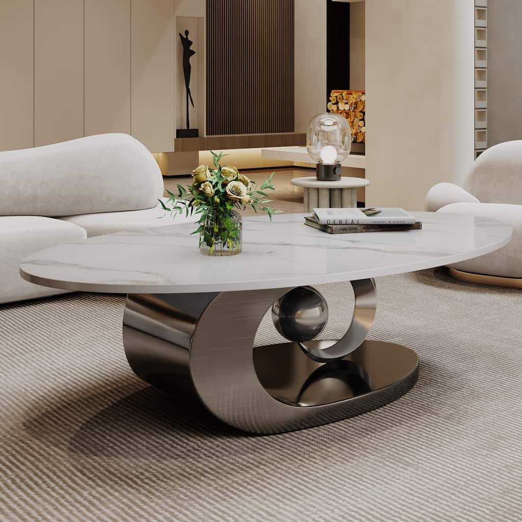 Modern Coffee Table Fish Belly White Marble Coffee Table Stainless Steel Base and Adjustable Feet, for Living Room