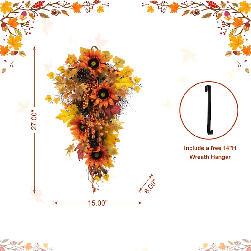 Glitzhome 26"H Fall Sunflower Pumpkin Lotus Leaf Teardrop Swag for Thanksgiving