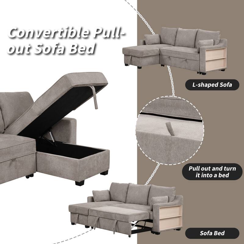 90" Convertible Sleeper Sofa with Storage Chaise, USB Ports, Storage Racks for Compact Spaces