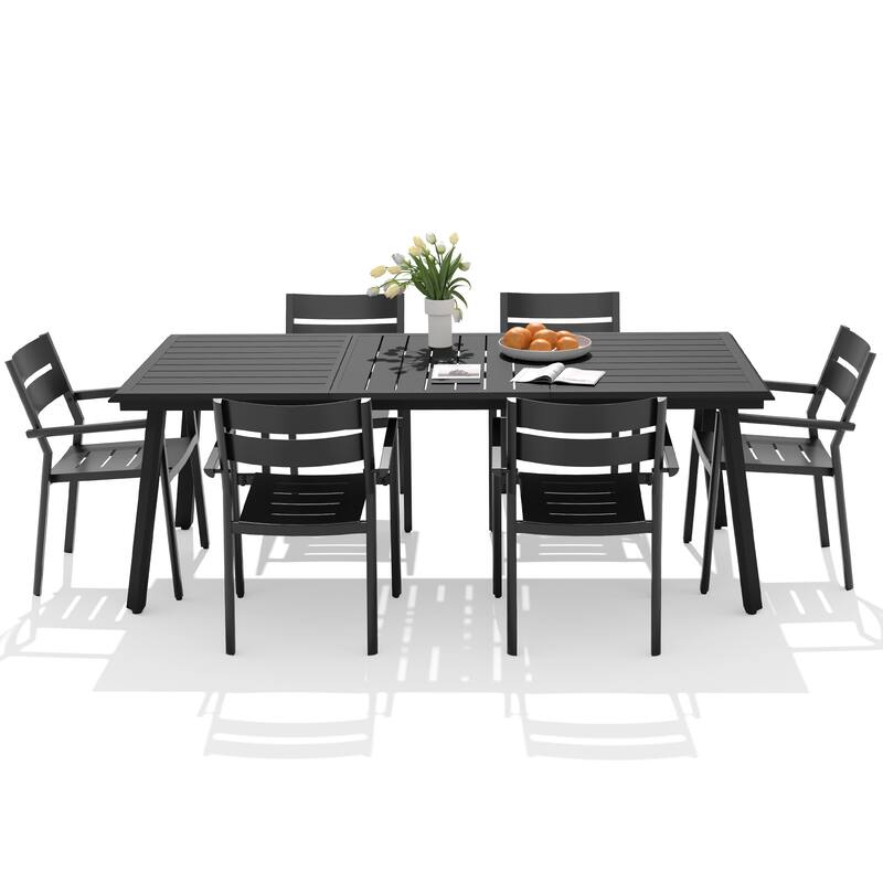 7-PC Outdoor Aluminum Dining Table Set with Stackable Armchairs Umbrella Hole - Black
